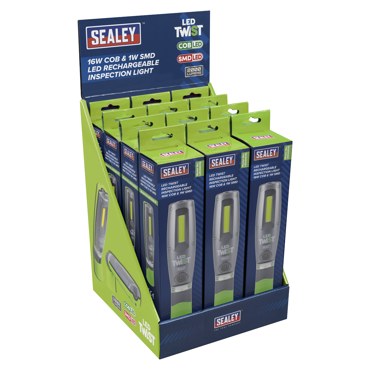 Sealey LED2001GDB LED Twist® Rechargeable Inspection Light 16W COB & 1W SMD LED, Green - Display Box of 12