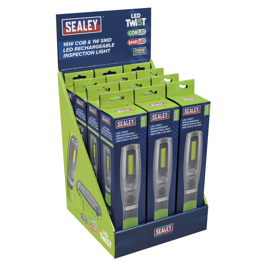 Sealey LED2001GDB LED Twist® Rechargeable Inspection Light 16W COB & 1W SMD LED, Green - Display Box of 12