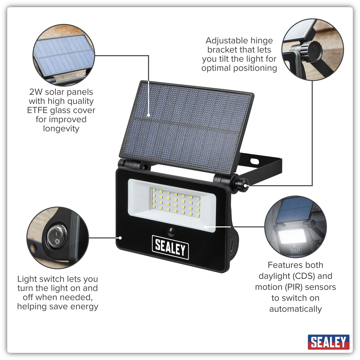 Sealey LED20S Extra-Slim Solar Floodlight with Wall Bracket 20W SMD LED