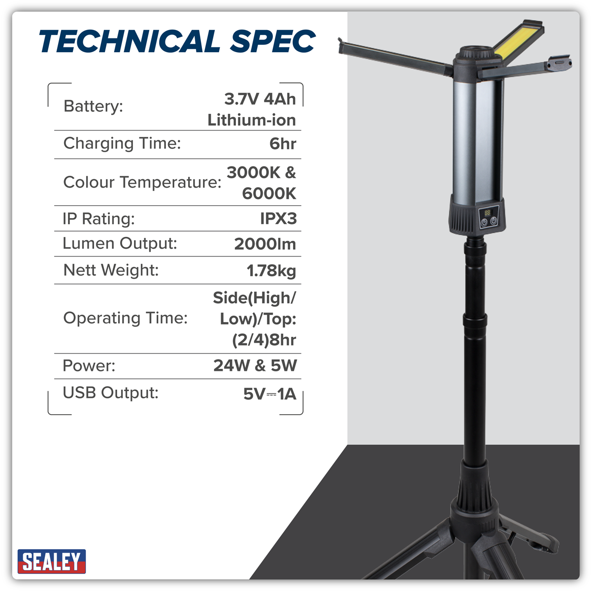 Sealey LED240 Rechargeable Flexible Floodlight with Tripod 24W COB LED & 5W SMD LED