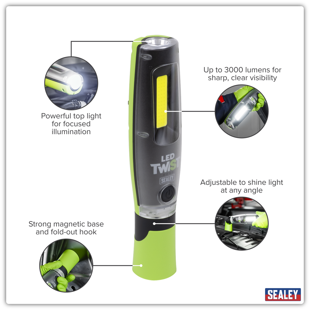 Sealey LED3001G Rechargeable LED Twist® Inspection Light 20W COB + 3W SMD, 3000lm, Magnetic Base & Power Bank