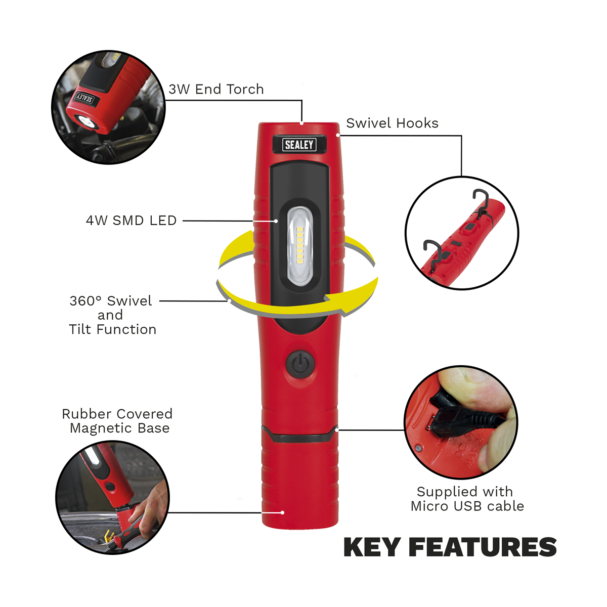 Sealey LED3602R Rechargeable 360° Inspection Light 4W & 3W SMD LED - Red