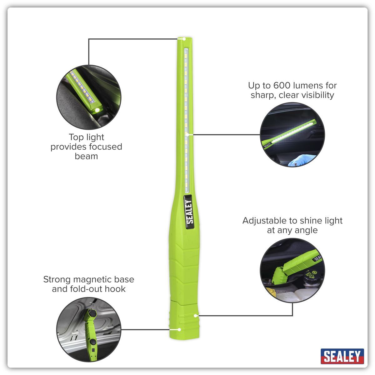 Sealey LED3604G Rechargeable 360° Slim Inspection Light 8W & 1W SMD LED - Green