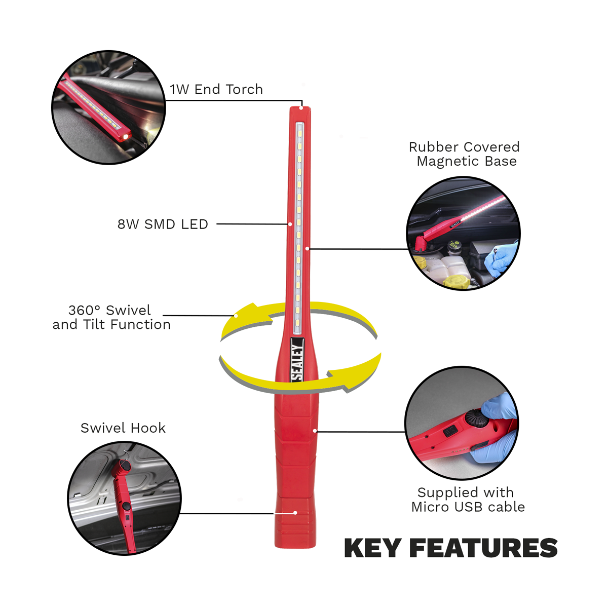 Sealey LED3604R Rechargeable 360° Slim Inspection Light 8W & 1W SMD LED - Red