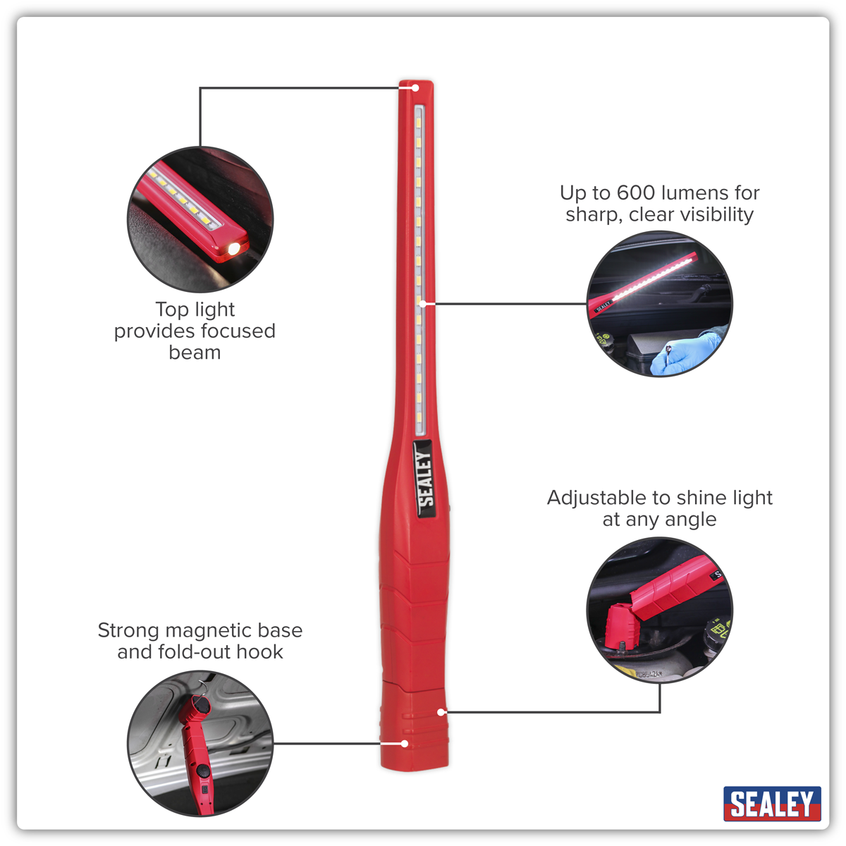 Sealey LED3604R Rechargeable 360° Slim Inspection Light 8W & 1W SMD LED - Red