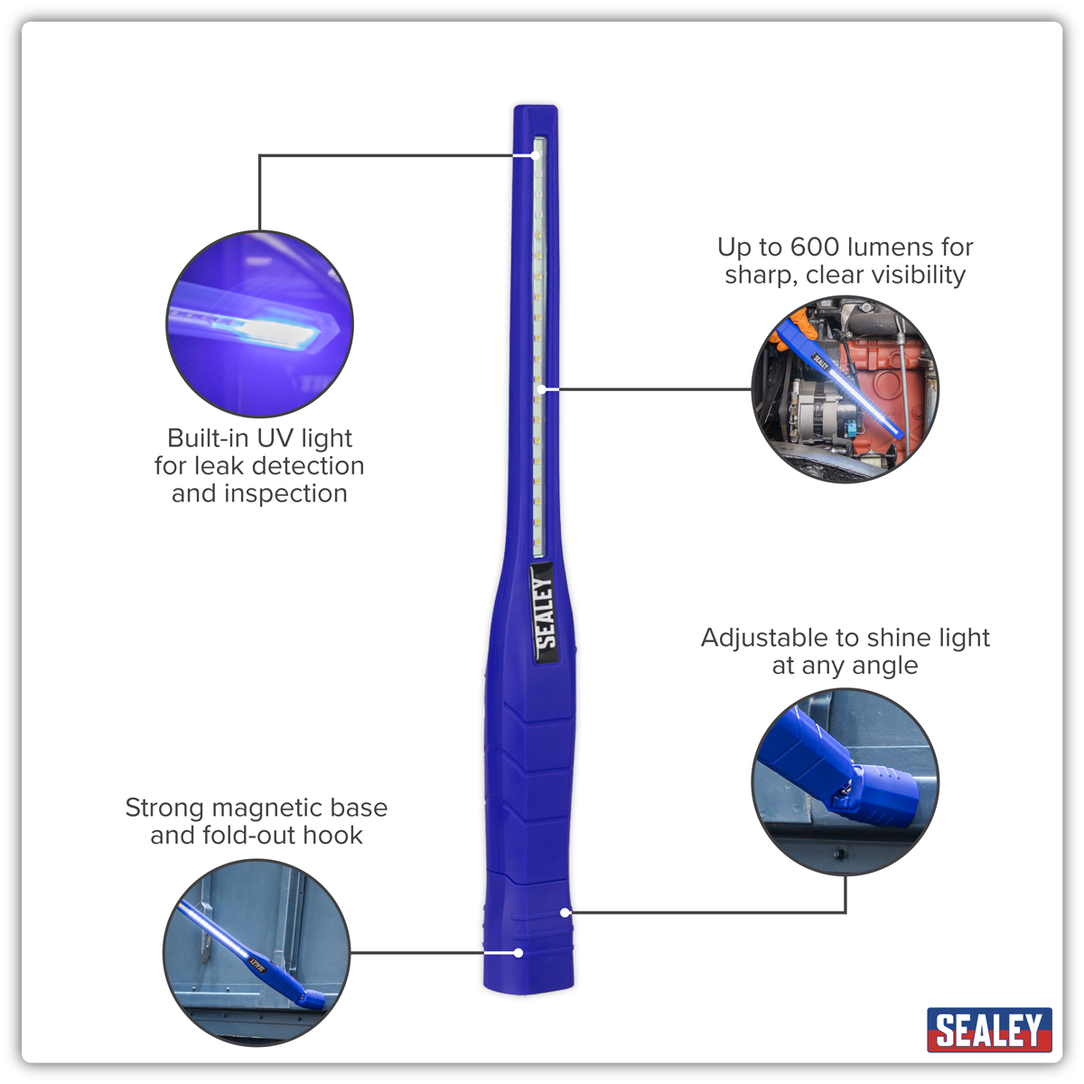 Sealey LED3604UV Rechargeable 360° Slim Inspection Light 8W & 1W SMD LED & UV Light