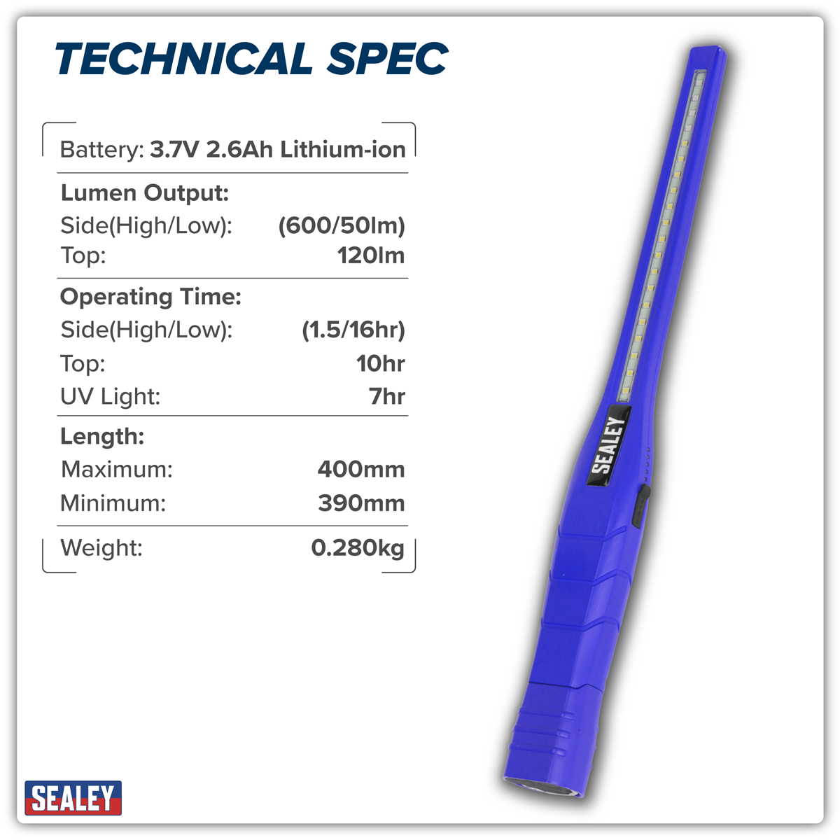 Sealey LED3604UV Rechargeable 360° Slim Inspection Light 8W & 1W SMD LED & UV Light