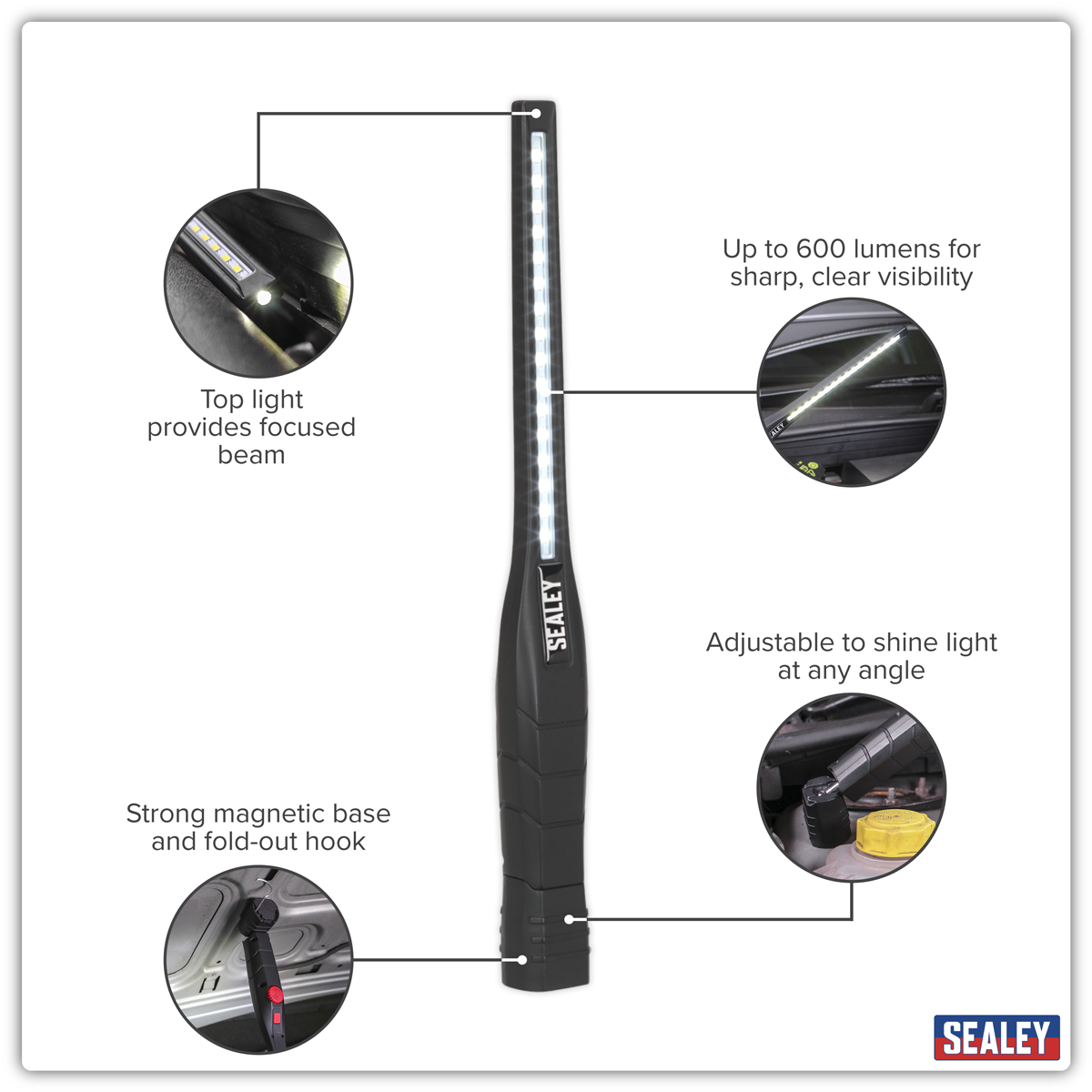 Sealey LED3604 Rechargeable 360° Slim Inspection Light 8W & 1W SMD LED - Black