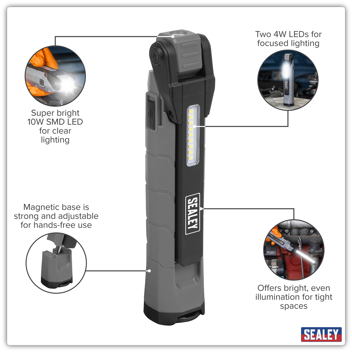 Sealey LED3605GR Rechargeable 360° Inspection Light 10W & 2 x 4W SMD LED - Grey