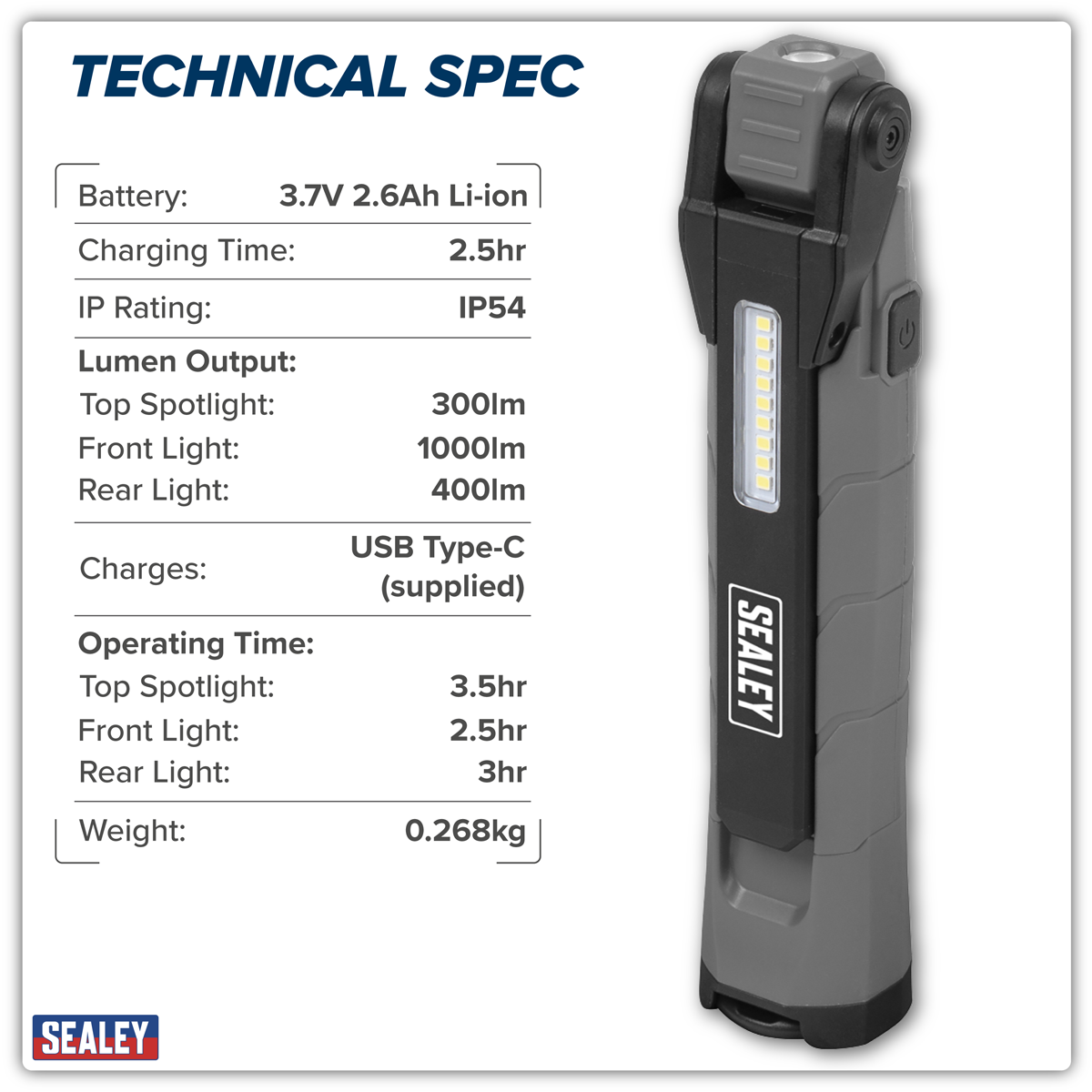 Sealey LED3605GR Rechargeable 360° Inspection Light 10W & 2 x 4W SMD LED - Grey