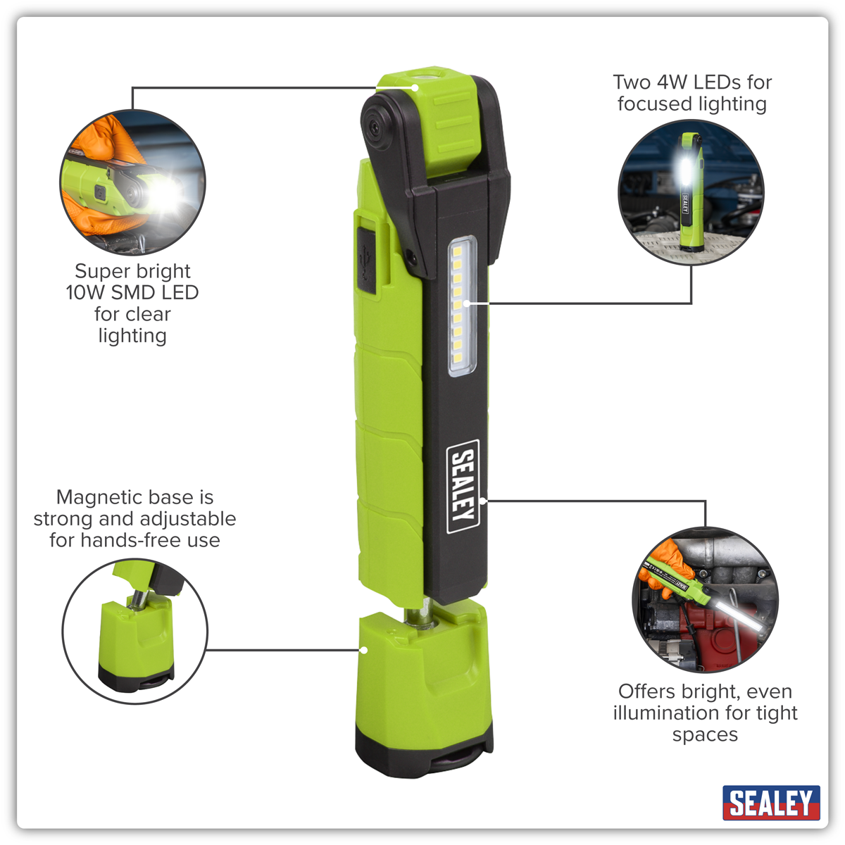 Sealey LED3605G Rechargeable 360° Inspection Light 10W & 2 x 4W SMD LED - Green