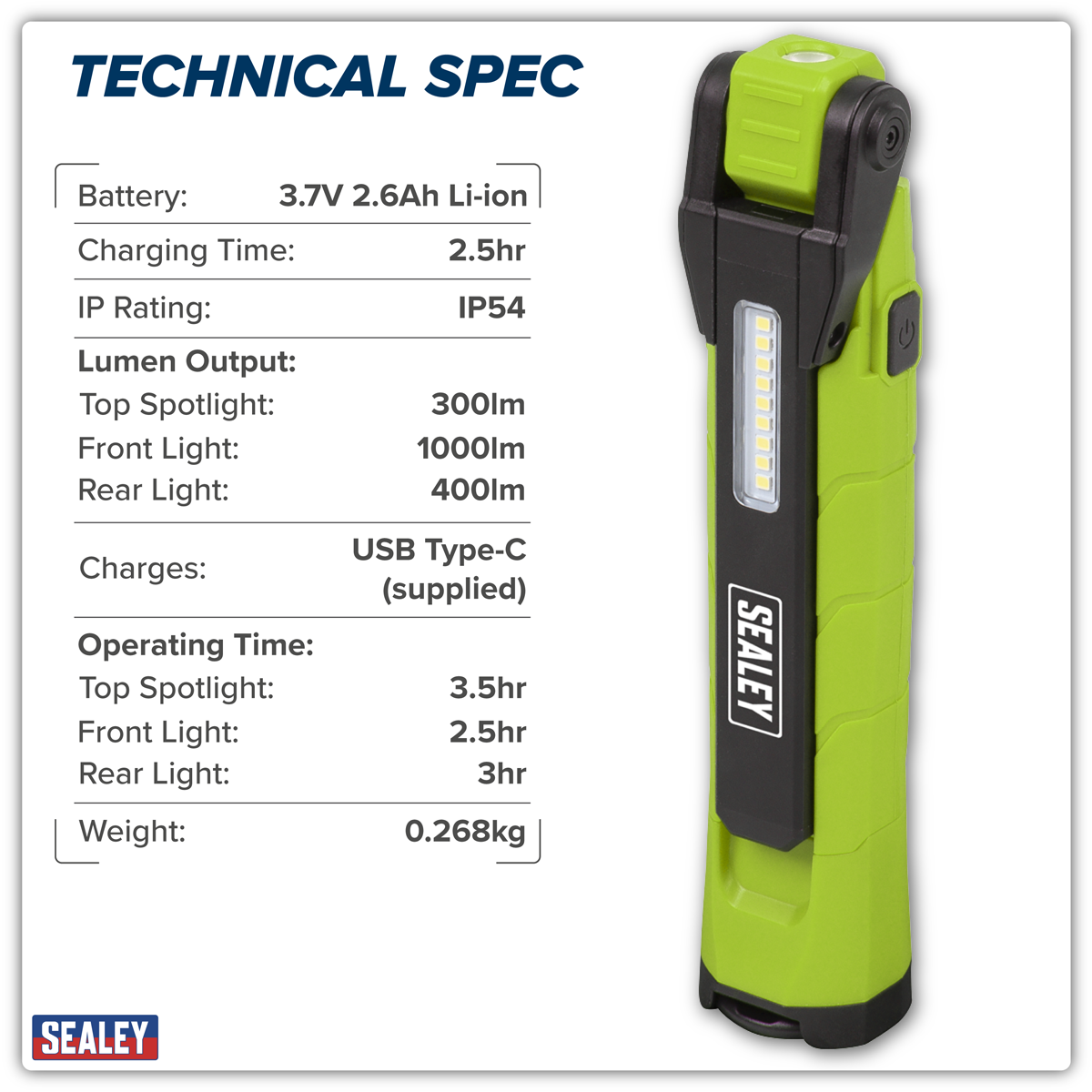 Sealey LED3605G Rechargeable 360° Inspection Light 10W & 2 x 4W SMD LED - Green