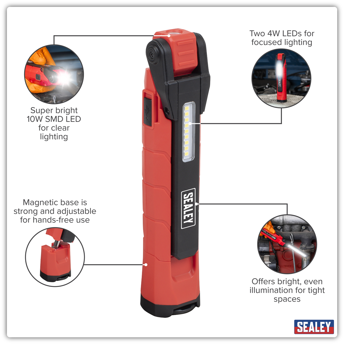 Sealey LED3605R Rechargeable 360° Inspection Light 10W & 2 x 4W SMD LED - Red