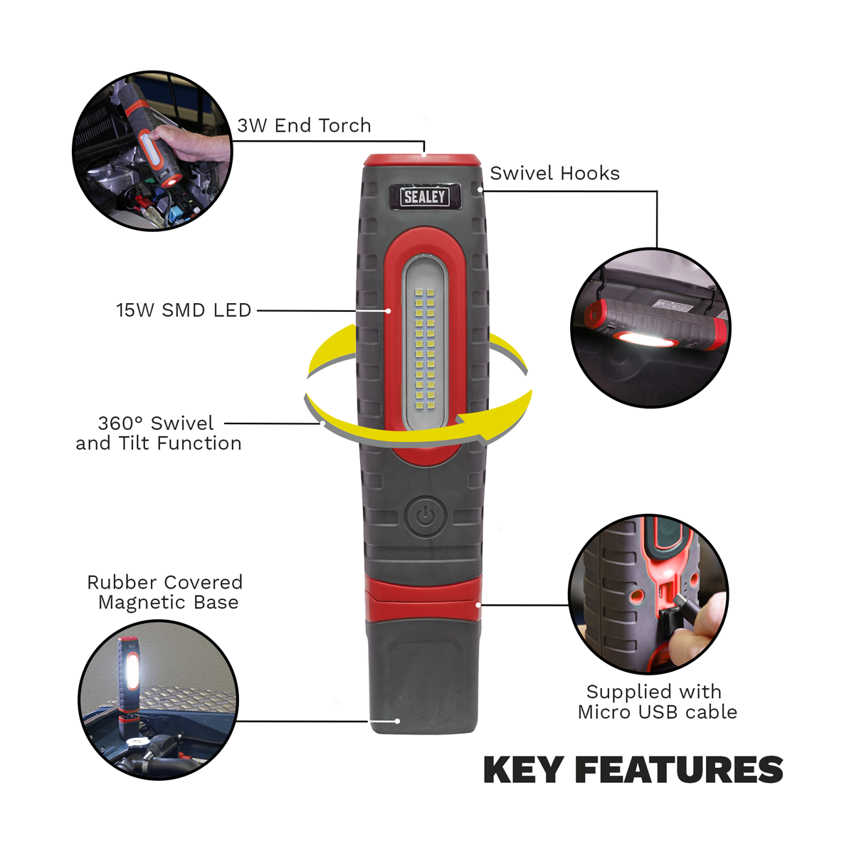 Sealey LED3606R Rechargeable 360° Inspection Light 15W & 3W SMD LED - Red