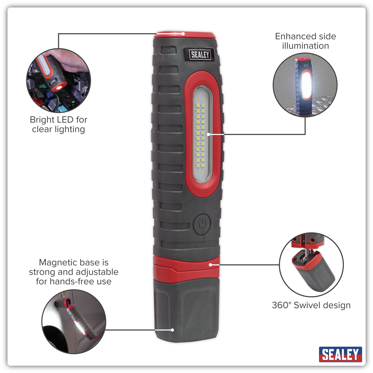 Sealey LED3606R Rechargeable 360° Inspection Light 15W & 3W SMD LED - Red