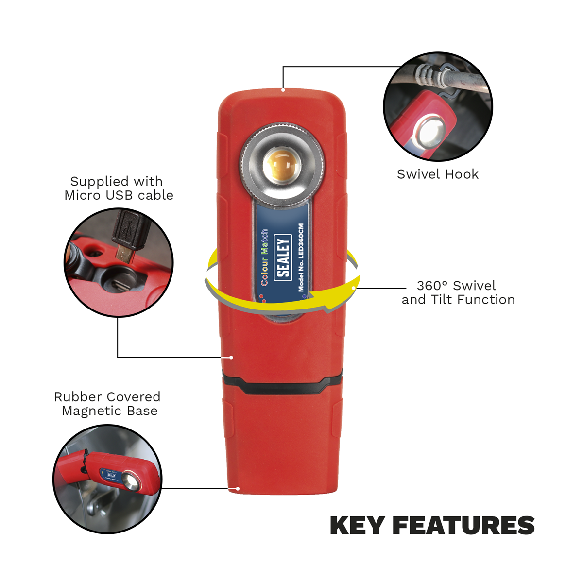 Sealey LED360CM 360° Rechargeable Inspection Light 5W COB LED Colour Match CRI 96 - 3-Colour