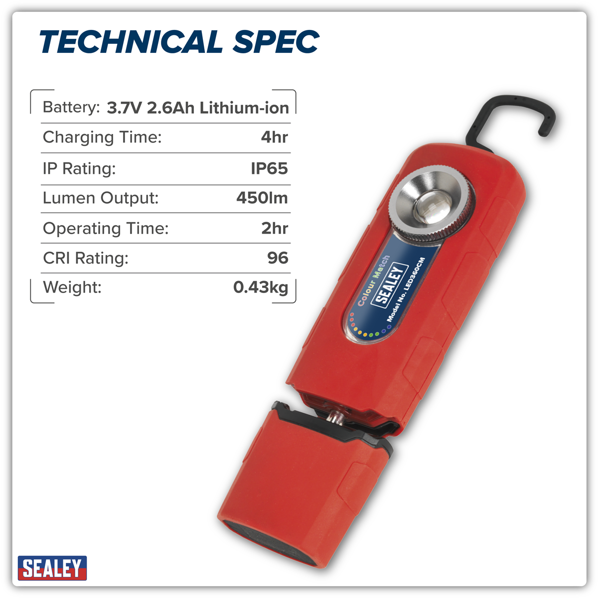 Sealey LED360CM 360° Rechargeable Inspection Light 5W COB LED Colour Match CRI 96 - 3-Colour