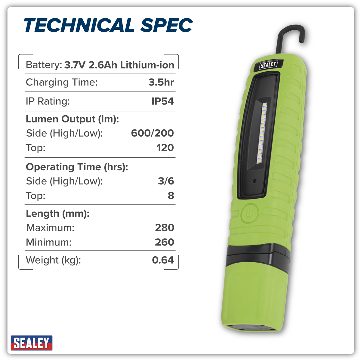 Sealey LED360G Rechargeable 360° Inspection Light 8W & 3W SMD LED - Green