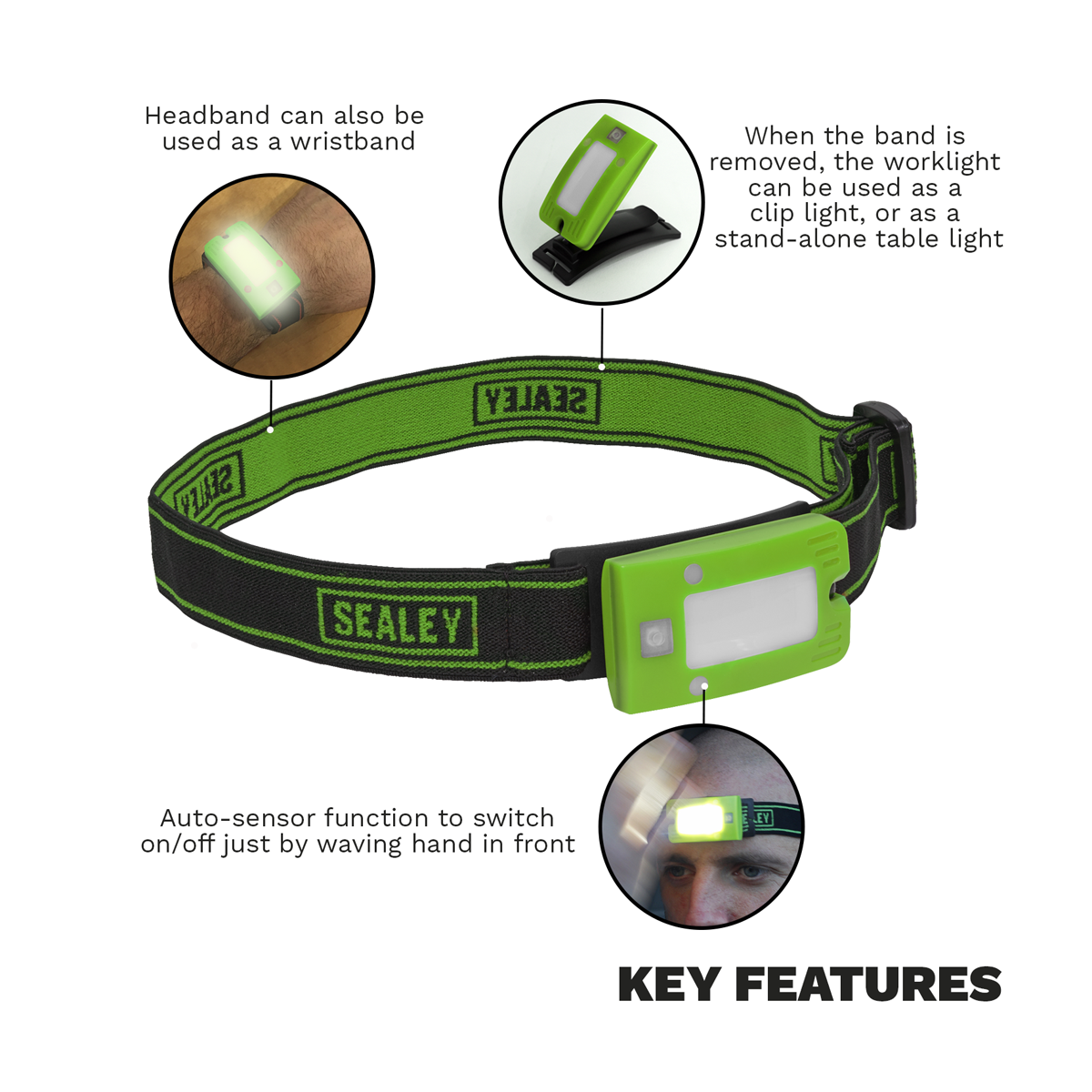 Sealey LED360HTG Rechargeable Head Torch with Auto-Sensor 2W COB LED - Green