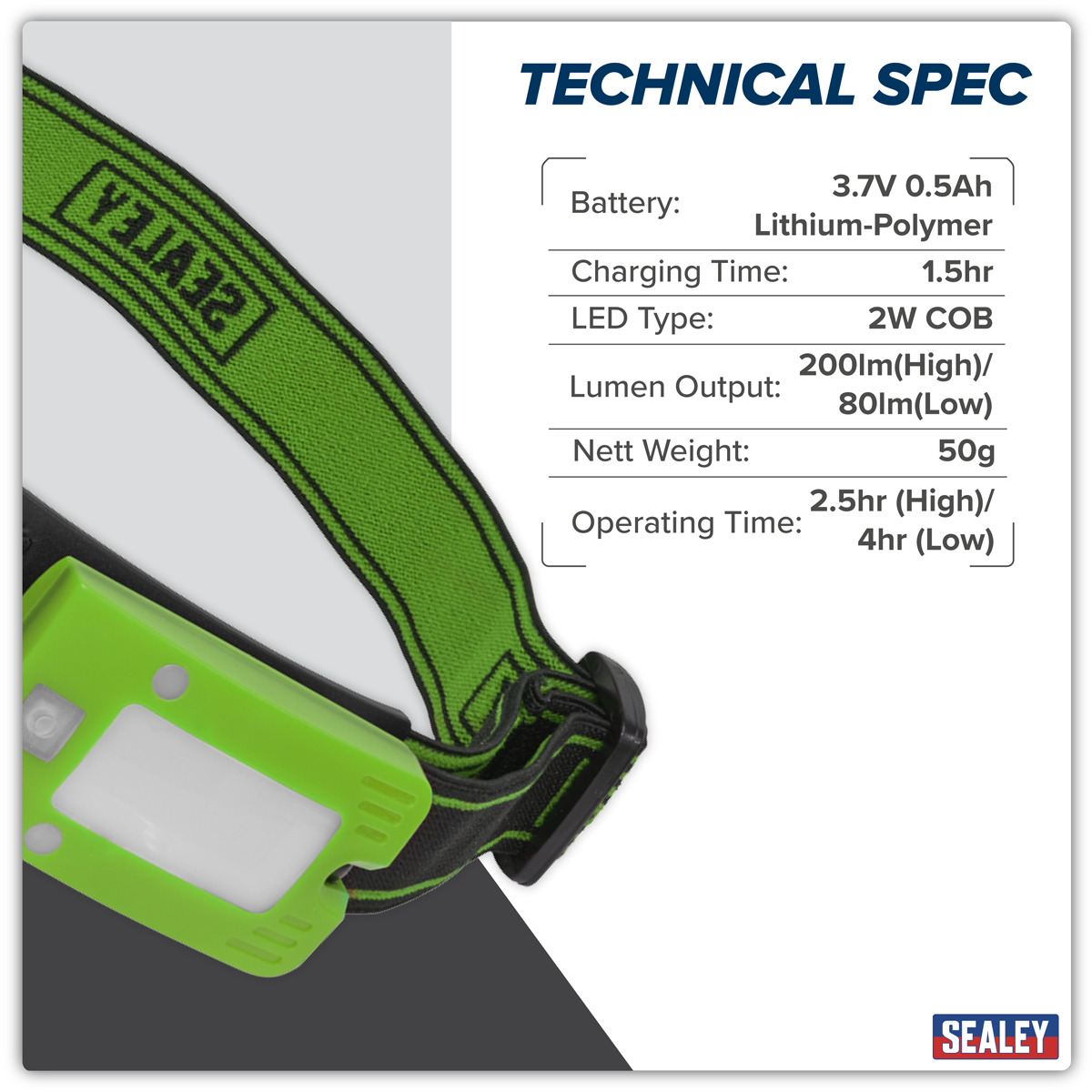 Sealey LED360HTG Rechargeable Head Torch with Auto-Sensor 2W COB LED - Green