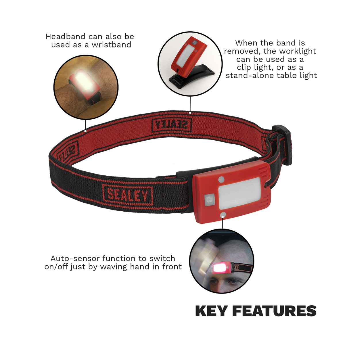 Sealey LED360HTR Rechargeable Head Torch with Auto-Sensor 2W COB LED - Red