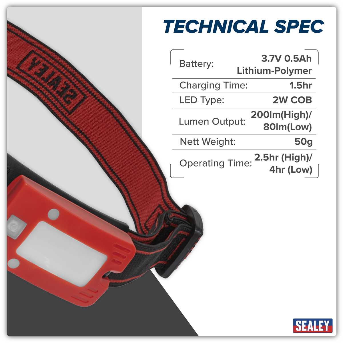 Sealey LED360HTR Rechargeable Head Torch with Auto-Sensor 2W COB LED - Red