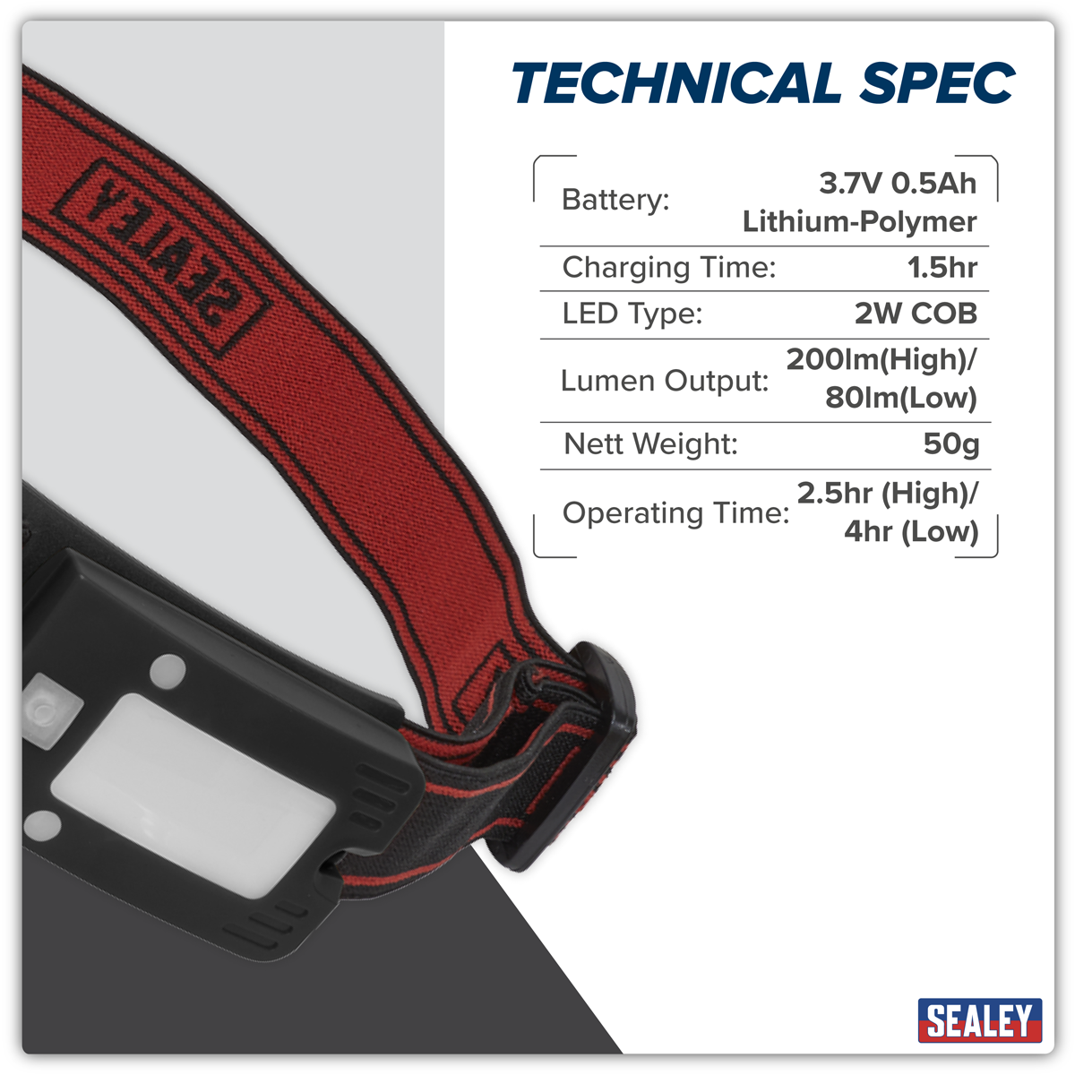 Sealey LED360HT Rechargeable Head Torch with Auto-Sensor 2W COB LED - Black