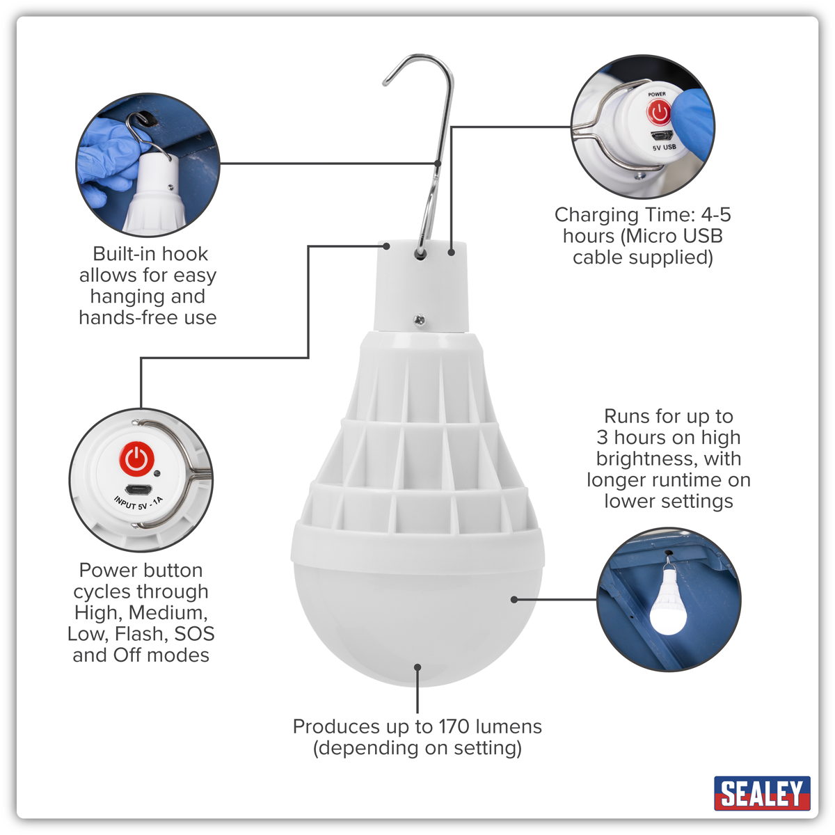 Sealey LED3WB Rechargeable Bulb 3W SMD LED