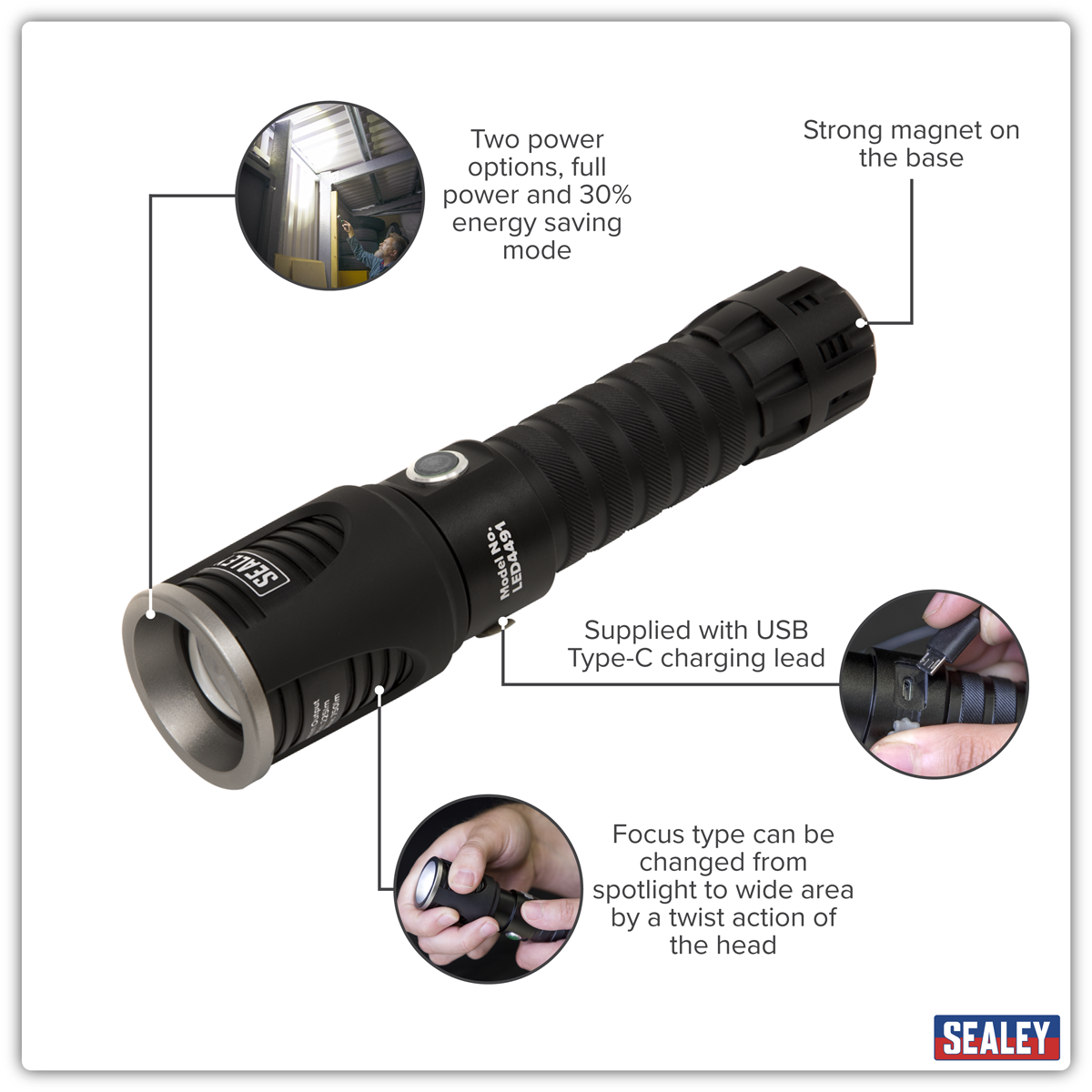 Sealey LED4491 Rechargeable Aluminium Torch with Adjustable Focus 5W SMD LED