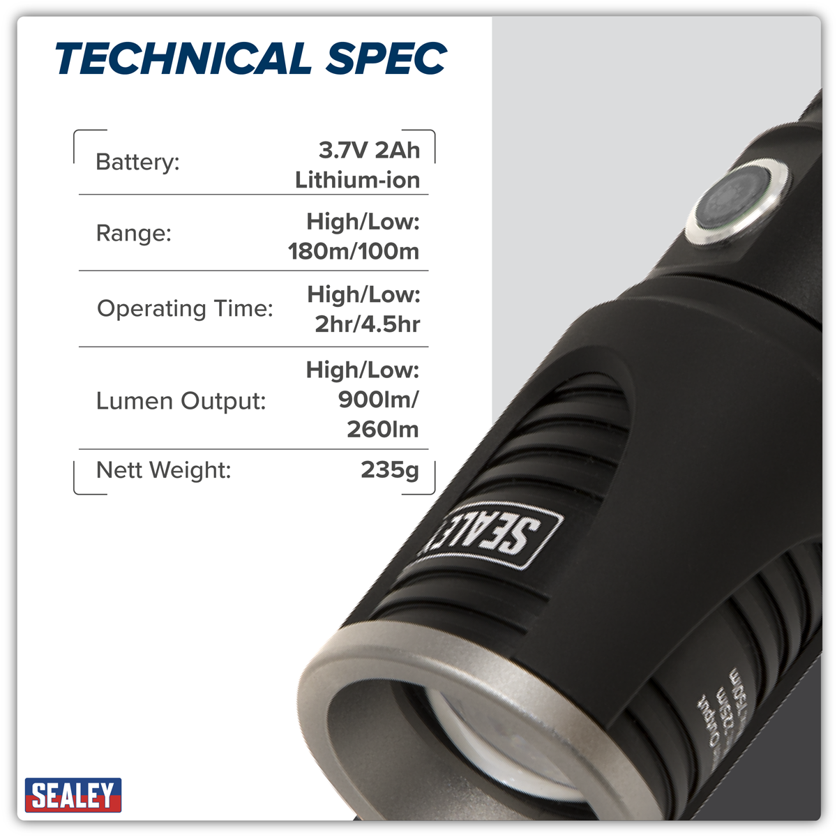 Sealey LED4491 Rechargeable Aluminium Torch with Adjustable Focus 5W SMD LED