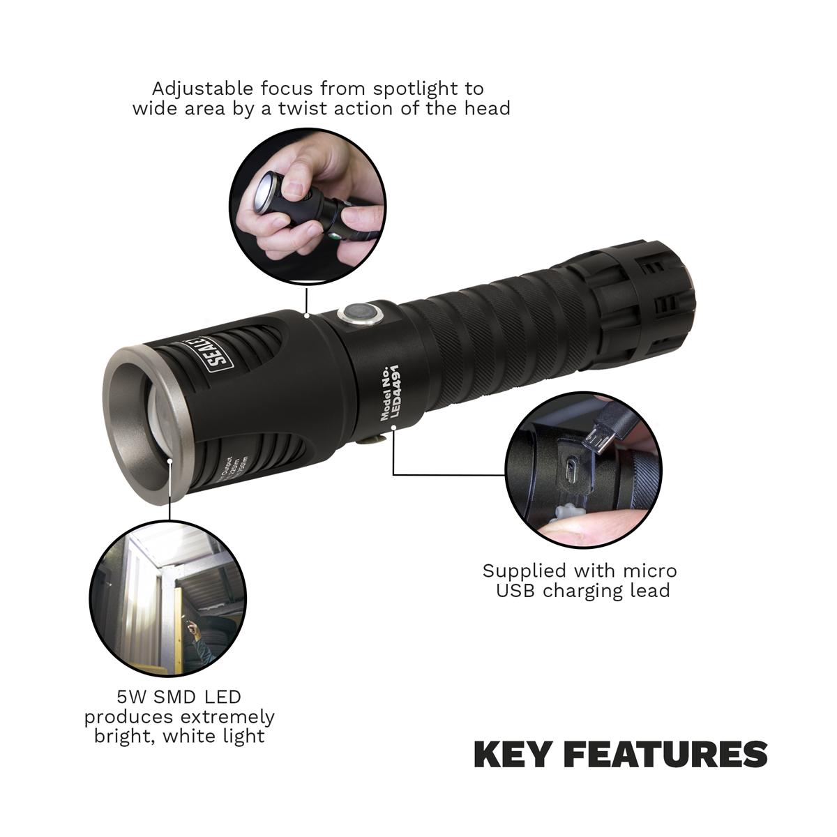 Sealey LED4491 Rechargeable Aluminium Torch with Adjustable Focus 5W SMD LED