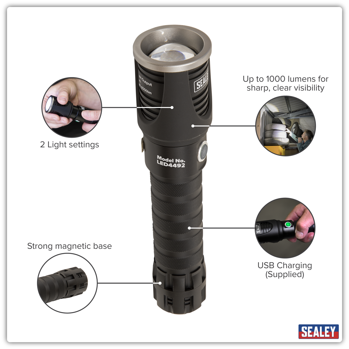 Sealey LED4492 Rechargeable Aluminium Torch with Adjustable Focus 10W SMD LED