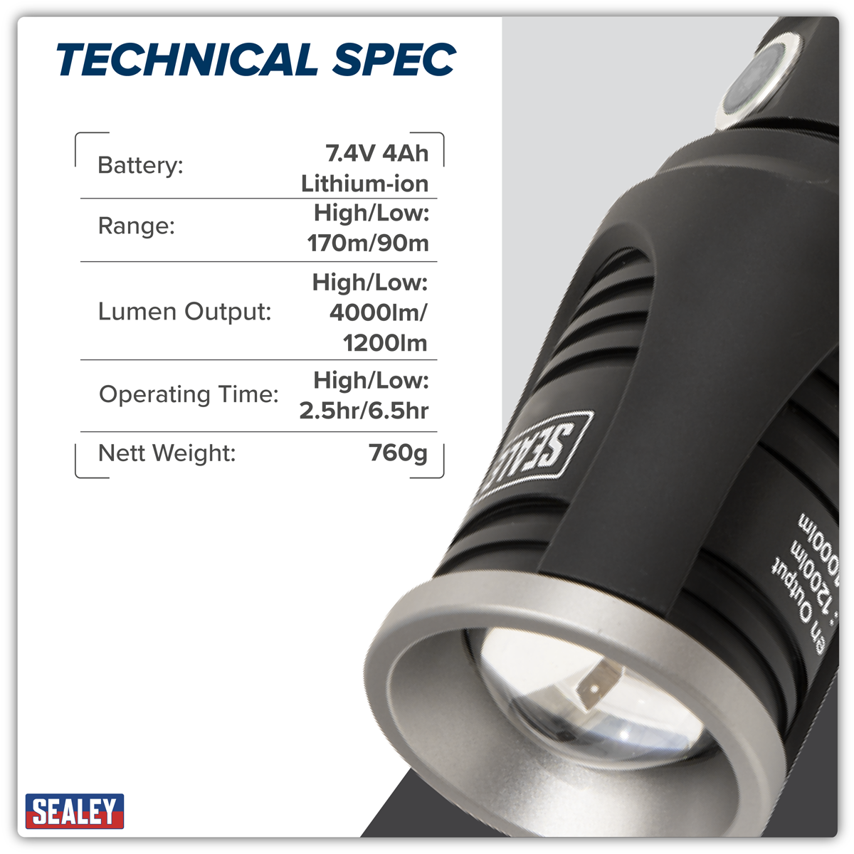 Sealey LED4494 Rechargeable Aluminium Torch with Adjustable Focus 60W COB LED