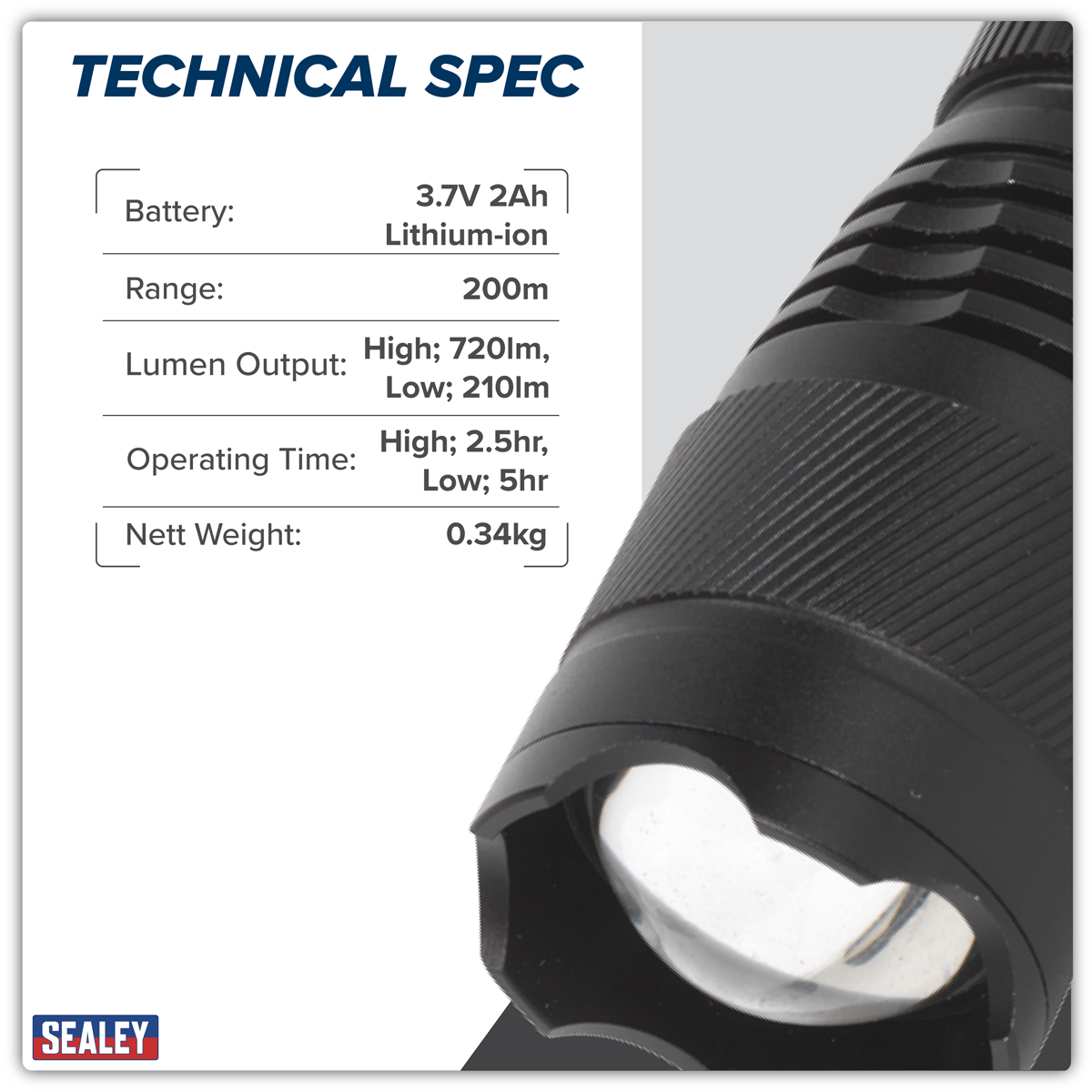 Sealey LED449 Rechargeable Aluminium Torch with Adjustable Focus 10W SMD LED
