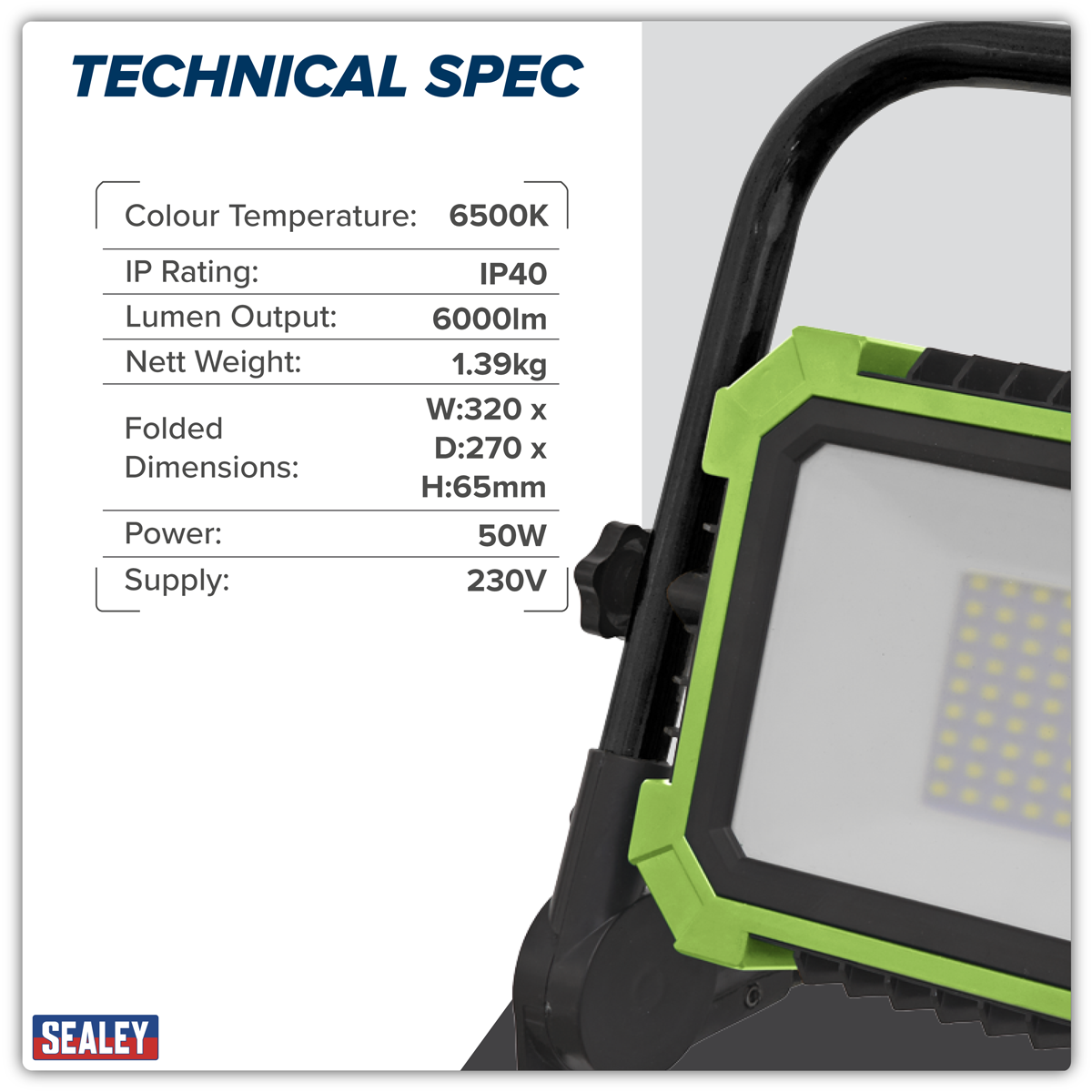 Sealey LED50WL Portable Floodlight 50W SMD LED 230V