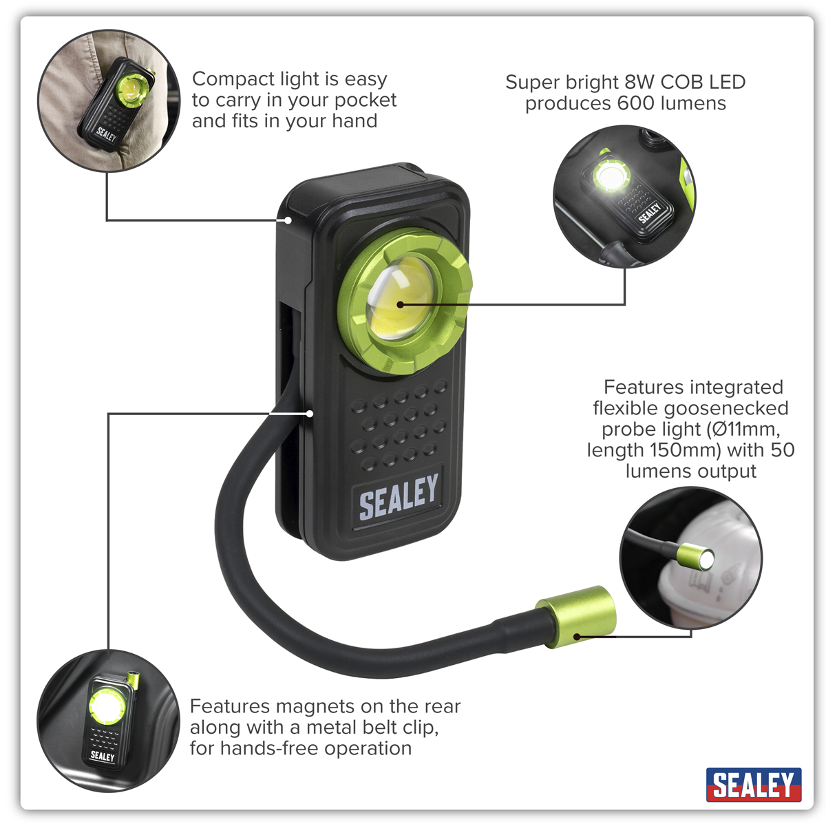 Sealey LED600FX Pocket Light with Flexi Inspection Light 8W COB LED & 1W SMD LED