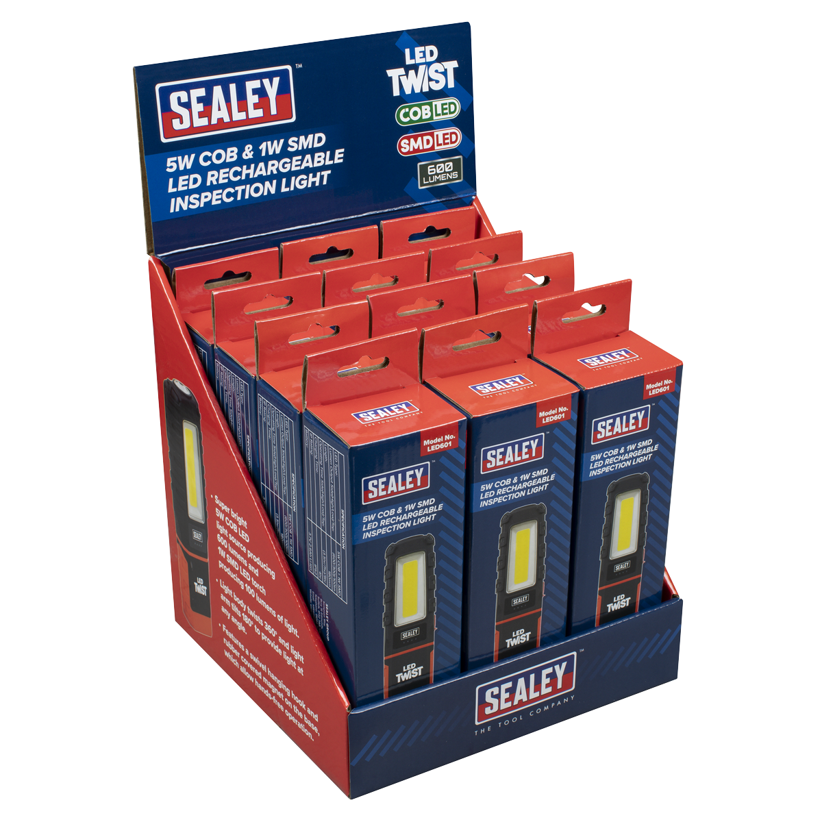 Sealey LED601DB LED Twist® Rechargeable Inspection Light 5W COB & 1W SMD - Display Box of 12