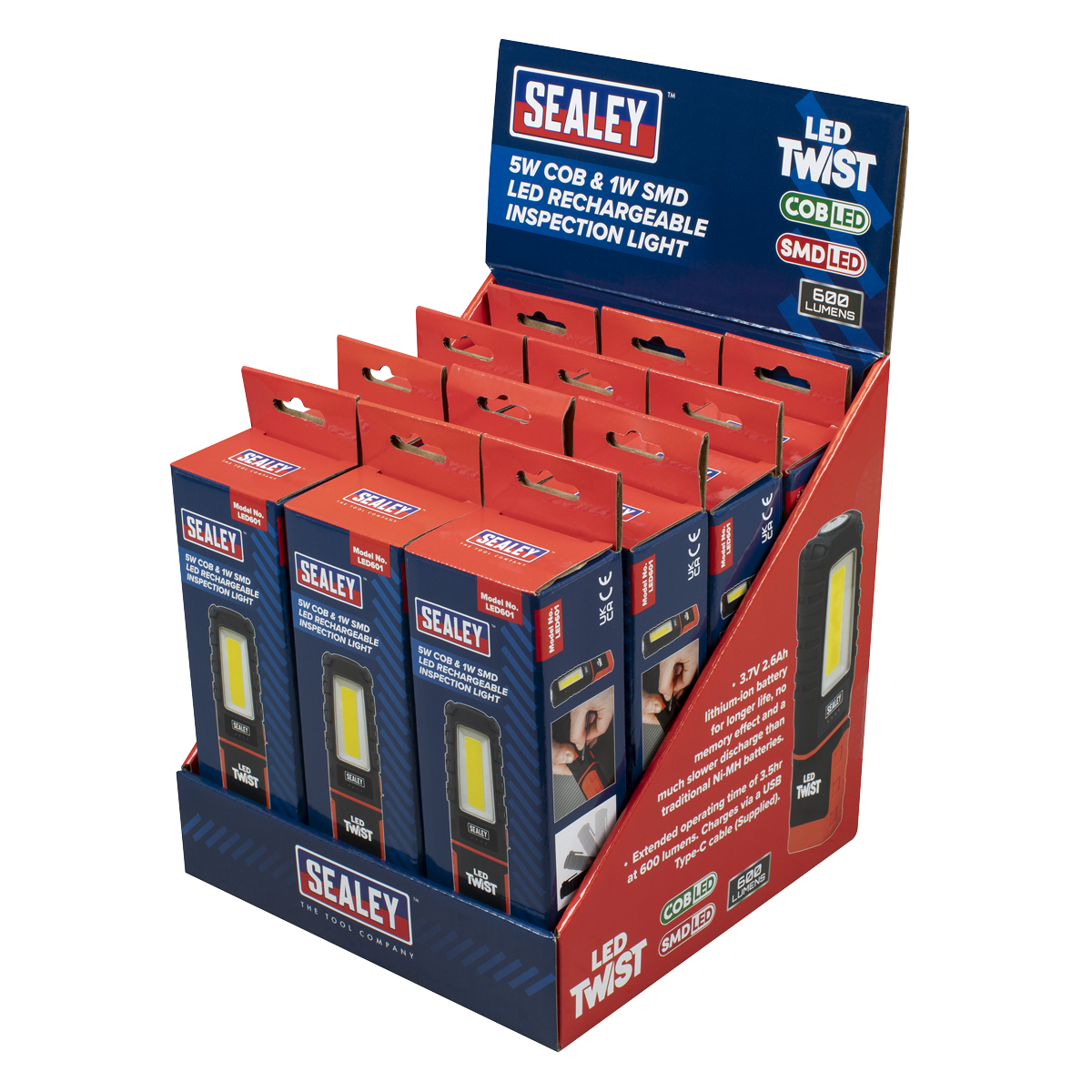 Sealey LED601DB LED Twist® Rechargeable Inspection Light 5W COB & 1W SMD - Display Box of 12