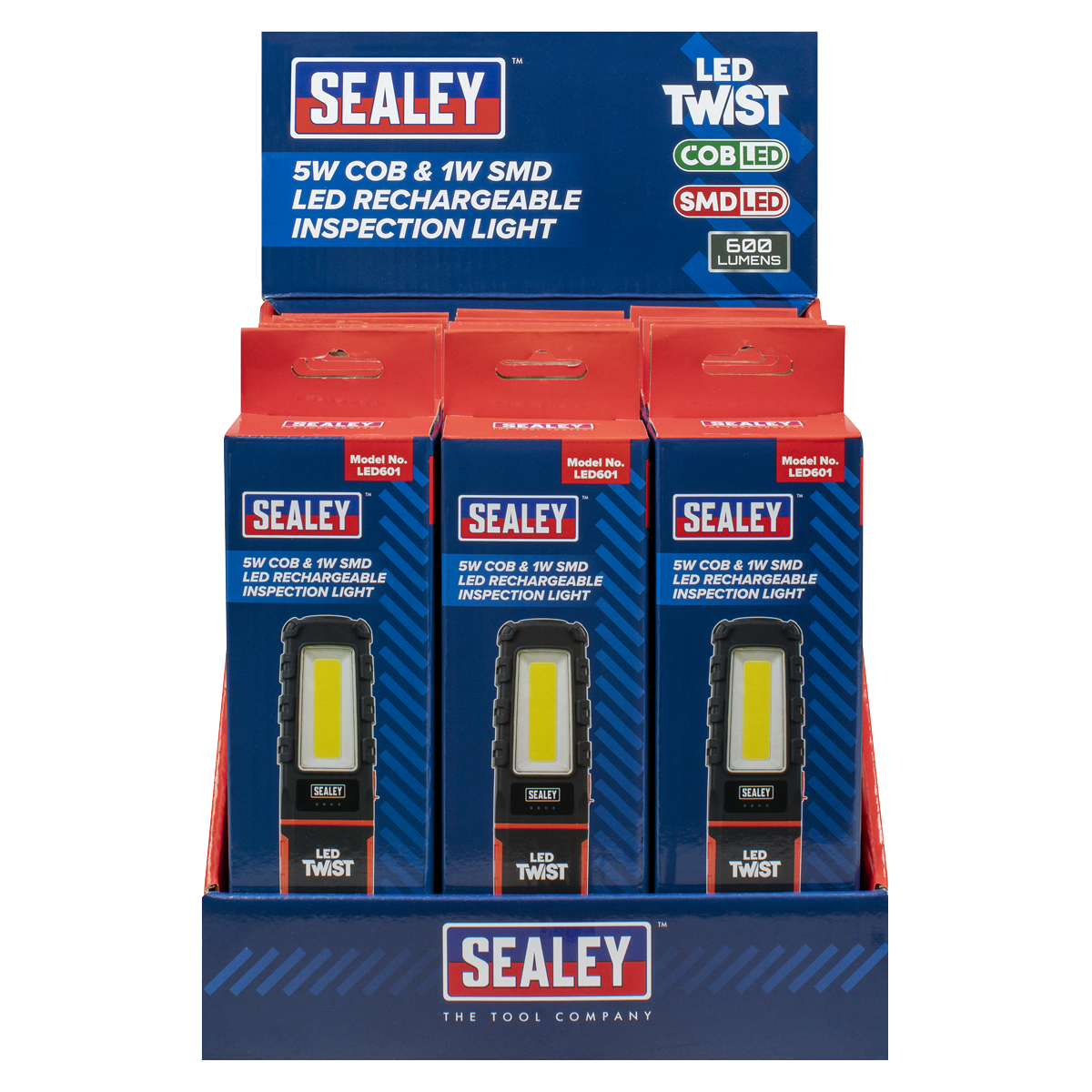 Sealey LED601DB LED Twist® Rechargeable Inspection Light 5W COB & 1W SMD - Display Box of 12