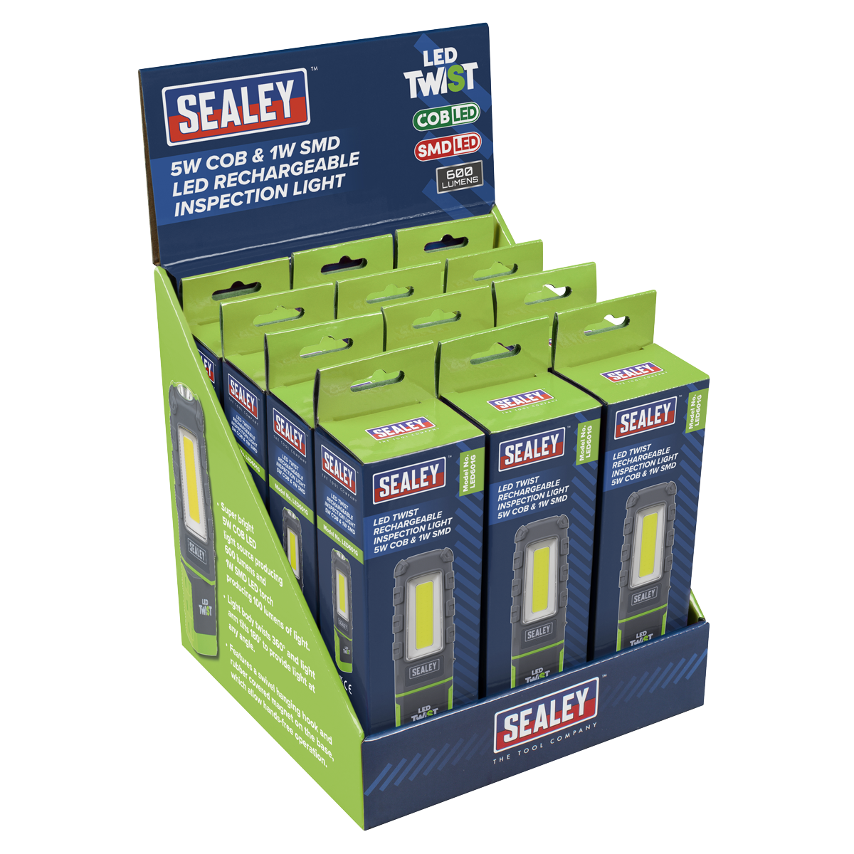 Sealey LED601GDB LED Twist® Rechargeable Inspection Light, Green - Box of 12