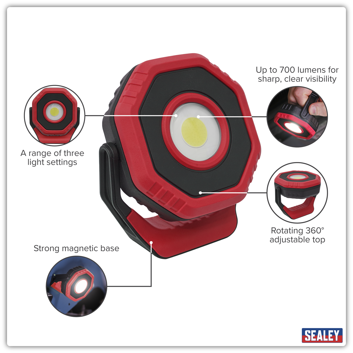 Sealey LED700PR Rechargeable 360° Pocket Floodlight with Magnet 7W COB LED - Red
