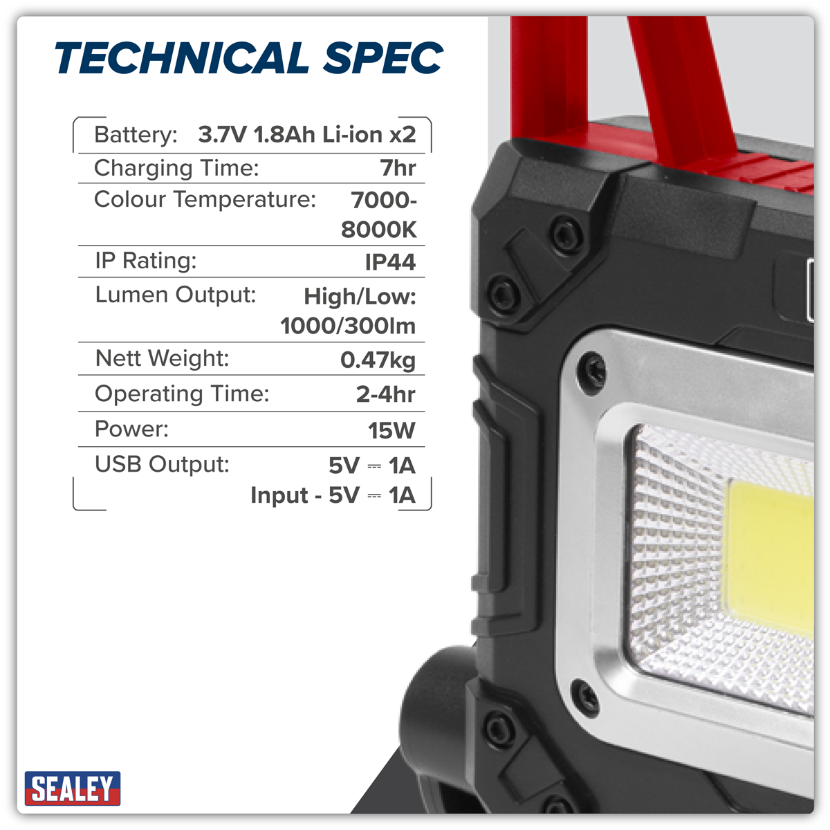 Sealey LEDFL15WS Rechargeable Solar Powered Portable Floodlight 15W COB LED