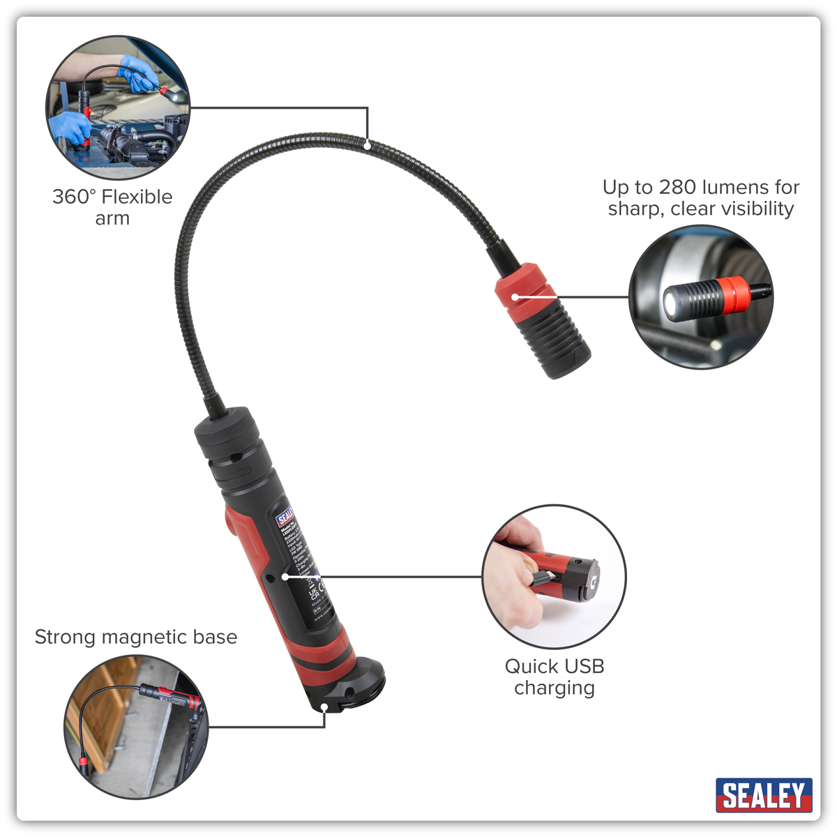 Sealey LEDFLEXPT Rechargeable Flexi Magnetic Pick-Up Tool Light 3W SMD LED