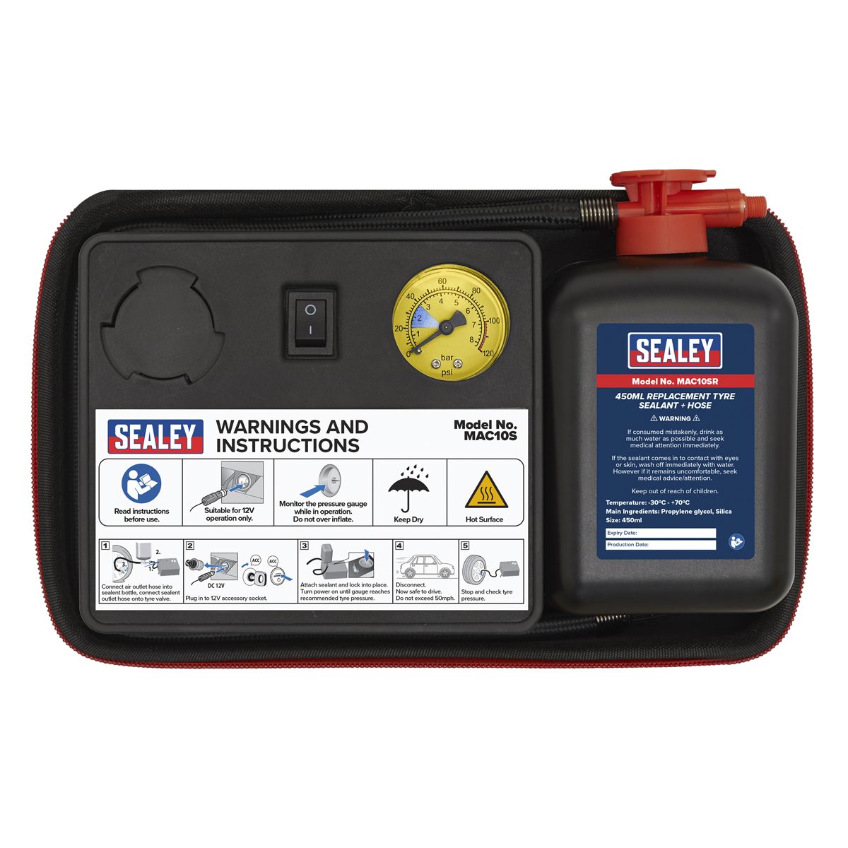 Sealey MAC10S Tyre Inflator & Emergency Puncture Sealant Kit 12V