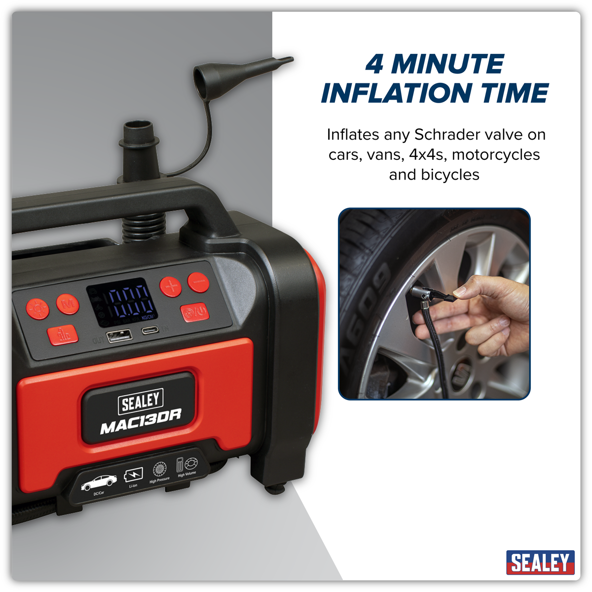 Sealey MAC13DR Rechargeable Tyre Inflator & High Volume Air Pump 12V