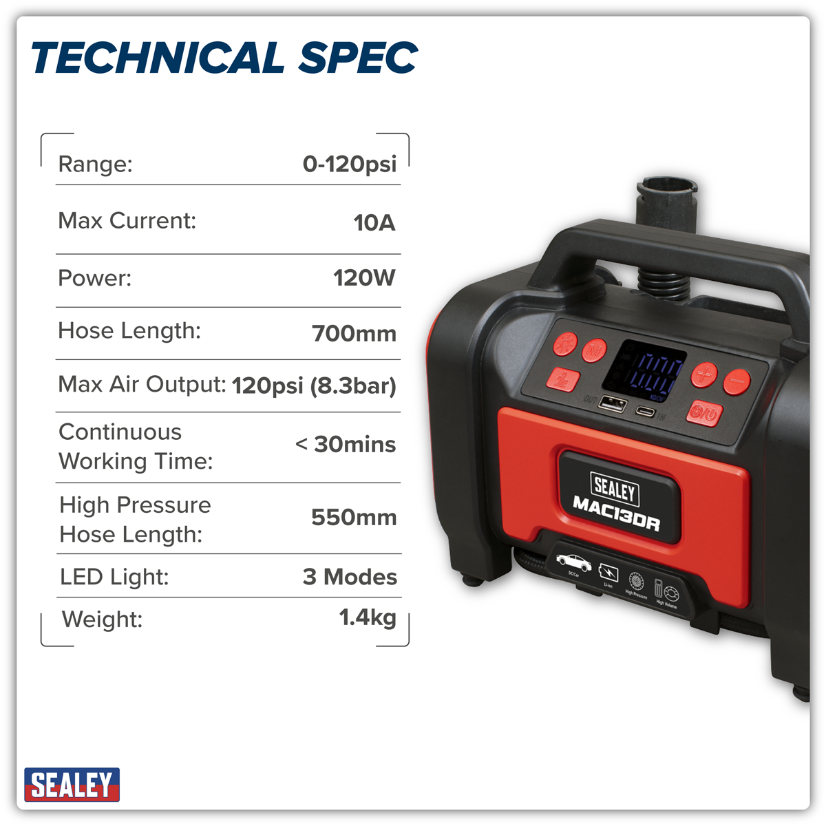 Sealey MAC13DR Rechargeable Tyre Inflator & High Volume Air Pump 12V