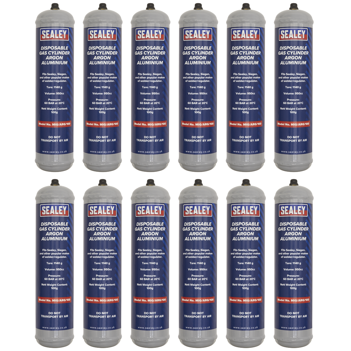 Sealey MIG/ARG/100/12 Disposable Argon Gas Cylinder 100g - Box of 12