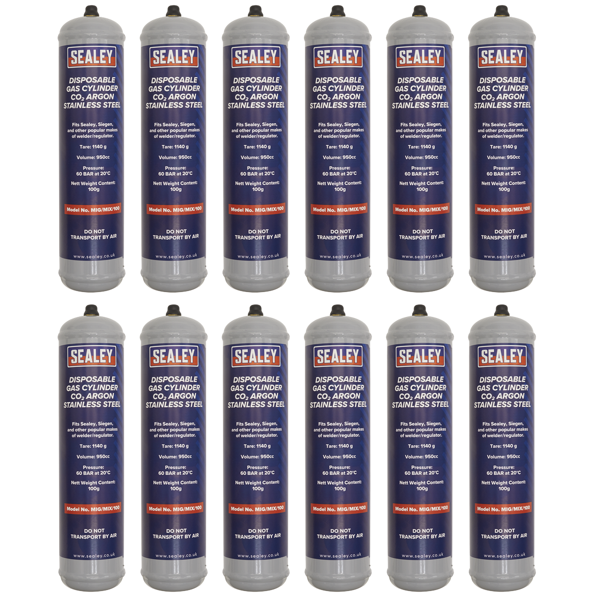 Sealey MIG/MIX/100/12 Disposable Carbon Dioxide/Argon Gas Cylinder 100g - Box of 12