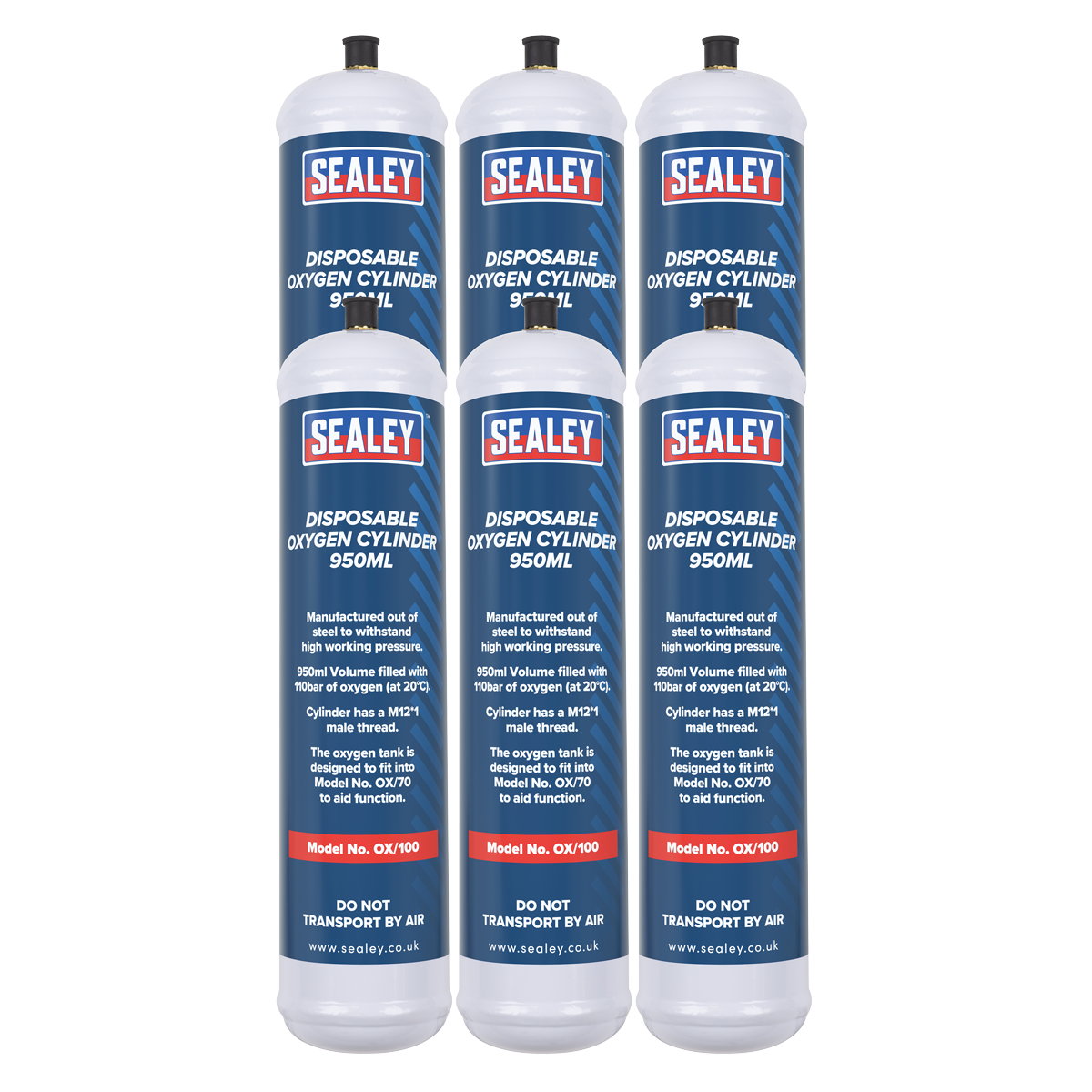 Sealey OX/1006 Disposable Oxygen Cylinder 950ml - Pack of 6