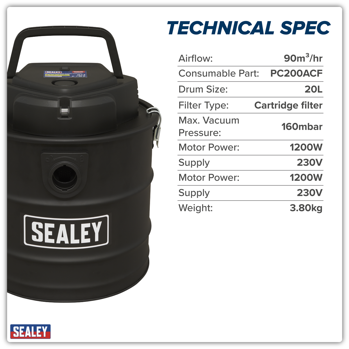 Sealey PC200A 20L 3-in-1 Ash Vacuum Cleaner 1200W/230V
